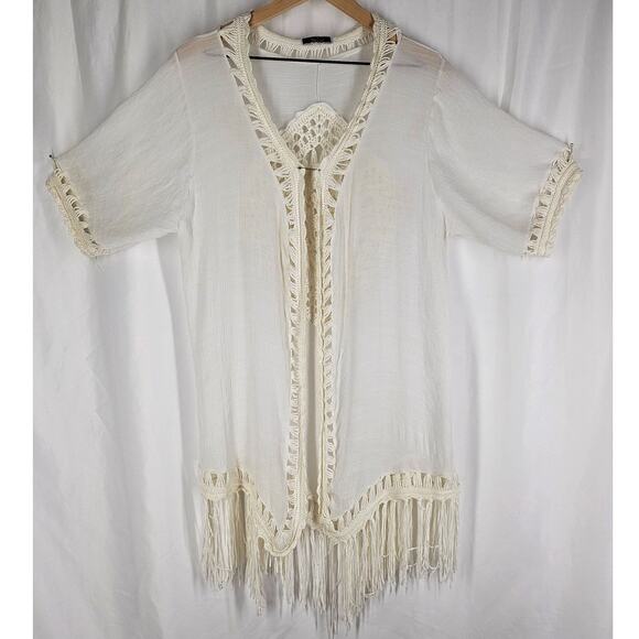 VIVID IMPORTERS WHITE CROCHET FRINGE COVER-UP CARDIGAN – SIZE L – BOHO STYLE - Picture 1 of 13